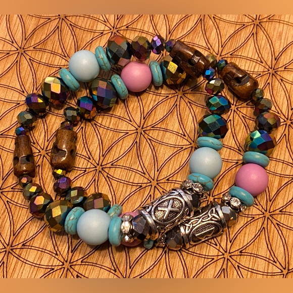 Yak bones Skulls, Sacred Geometry Matching Bracelet Set with Ancient Runes - Picture 1 of 7